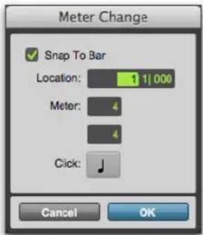 Meter Change ✓ Snap To Bar Location: 1 1|000 Meter: 4 4 Click: Cancel OK