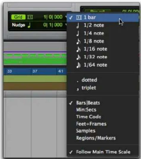 Grid 11 1|0|000 Nudge 0|1|000 1 bar 1/2 note 1/4 note 1/8 note 1/16 note 1/32 note 1/64 note . dotted triplet Bars|Beats Min:Secs Time Code Feet+Frames Samples Regions/Markers Follow Main Time Scale