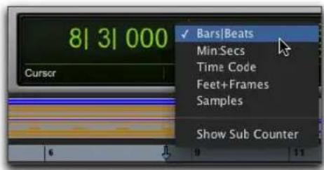 81 31 000 Curser ✓ Bars|Beats Min:Secs Time Code Feet+Frames Samples Show Sub Counter