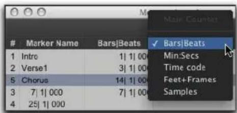 Marker Name Bars|Beats ✓ Bars|Beats 1 Intro 1| 1| 000 Min:Secs 2 Verse1 3| 1| 000 Time code 5 Chorus 14| 1| 000 Feet+Frames 3 7| 1| 000 7| 1| 000 Samples 4 25| 1| 000