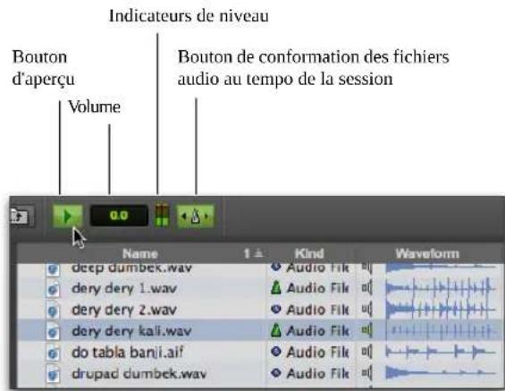 Indicateurs de niveau Bouton d'aperçu Volume Bouton de conformation des fichiers audio au tempo de la session Name 1 ± Kind Waveform deep dumbek.wav Audio Fik dery dery 1.wav Audio Fik dery dery 2.wav Audio Fik dery dery kali.wav Audio Fik do tabla banji.aif Audio Fik drupad dumbek.wav Audio Fik