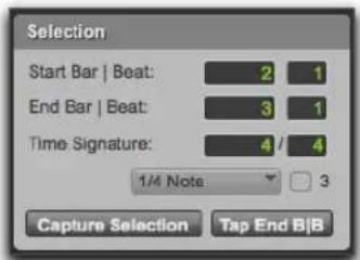 Selection Start Bar | Beat: 2 1 End Bar | Beat: 3 1 Time Signature: 4 / 4 1/4 Note 3 Capture Selection Tap End B/B