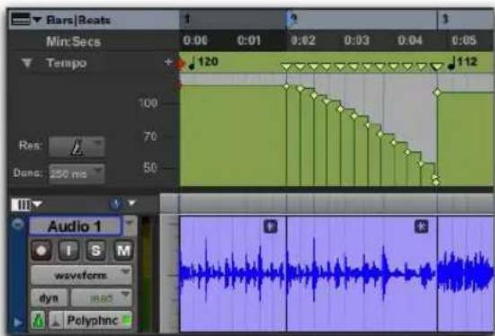 Bars/Reats Min:Secs 0:06 0:01 0:02 0:03 0:04 0:05 Tempo 120 112 Res: 70 Dens: 250 ms Audio 1 f S M waveforms dyn 18.52 Polyphnc