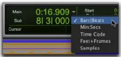 Main 0:16.909 Start 0 Sub 81 31 000 Cursor ✓ Bars|Beats Min:Secs Time Code Feet+Frames Samples
