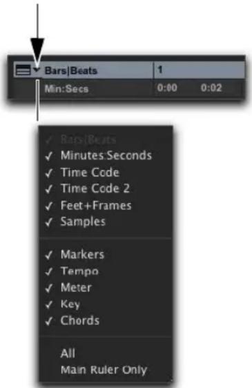 Bars|Beats 1 Min:Secs 0:00 0:02 ✓ Bars|Beats ✓ Minutes Seconds ✓ Time Code ✓ Time Code 2 ✓ Feet+Frames ✓ Samples ✓ Markers ✓ Tempo ✓ Meter ✓ Key ✓ Chords All Main Ruler Only