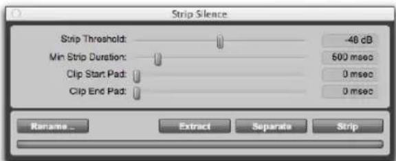 Strip Silence Strip Threshold: Min Strip Duration: Clip Start Pad: Clip End Pad: -48 dB 500 msec 0 msec 0 msec Rename... Extract Separate Strip