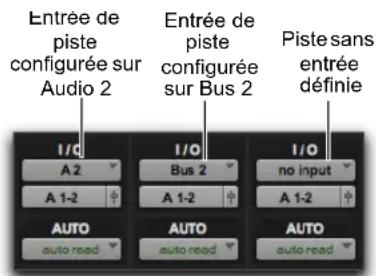 Entrée de piste configurée sur Audio 2 Entrée de piste configurée sur Bus 2 Piste sans entrée définie I/O A 2 I/O Bus 2 I/O no input A 1-2 A 1-2 AUTO AUTO AUTO AUTO auto read auto read auto read