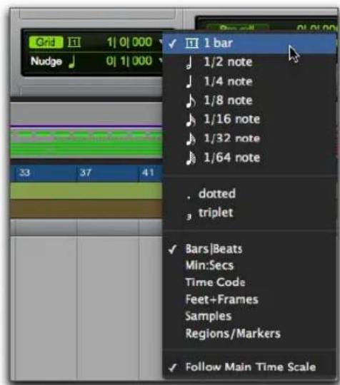 Grid Nudge 1 | 0 | 000 0 | 1 | 000 33 37 41 ✓ 1 bar ↓ 1/2 note ↓ 1/4 note ↓ 1/8 note ↓ 1/16 note ↓ 1/32 note ↓ 1/64 note . dotted triplet ✓ Bars | Beats Min:Secs Time Code Feet+Frames Samples Regions / Markers ✓ Follow Main Time Scale