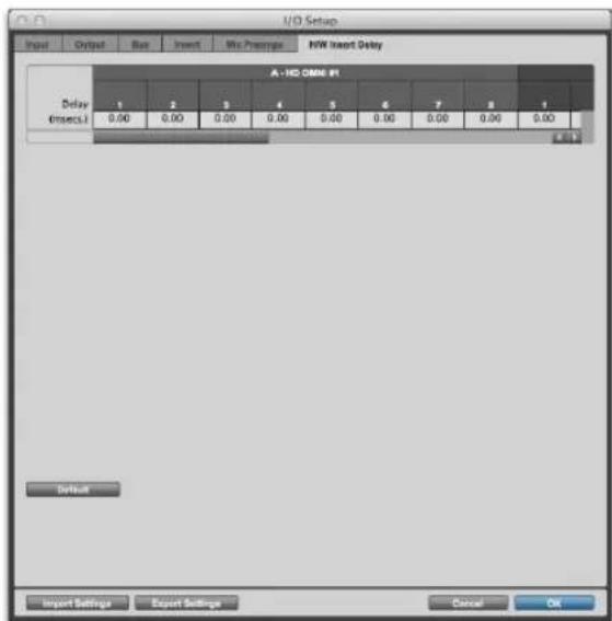 I/O Setup Input Output Bus Insert Min Prampers MW Insert Delay A-1HC OMN 81 Delay 0.00 2 3 4 5 6 7 8 1 0.00 0.00 0.00 0.00 0.00 0.00 0.00 Default Import Settings Export Settings Cancel OK