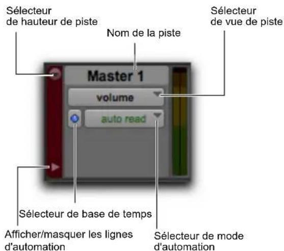 Sélecteur de hauteur de piste Nom de la piste Sélecteur de vue de piste Master 1 volume auto read Sélecteur de base de temps Afficher/masquer les lignes d'automation Sélecteur de mode d'automation