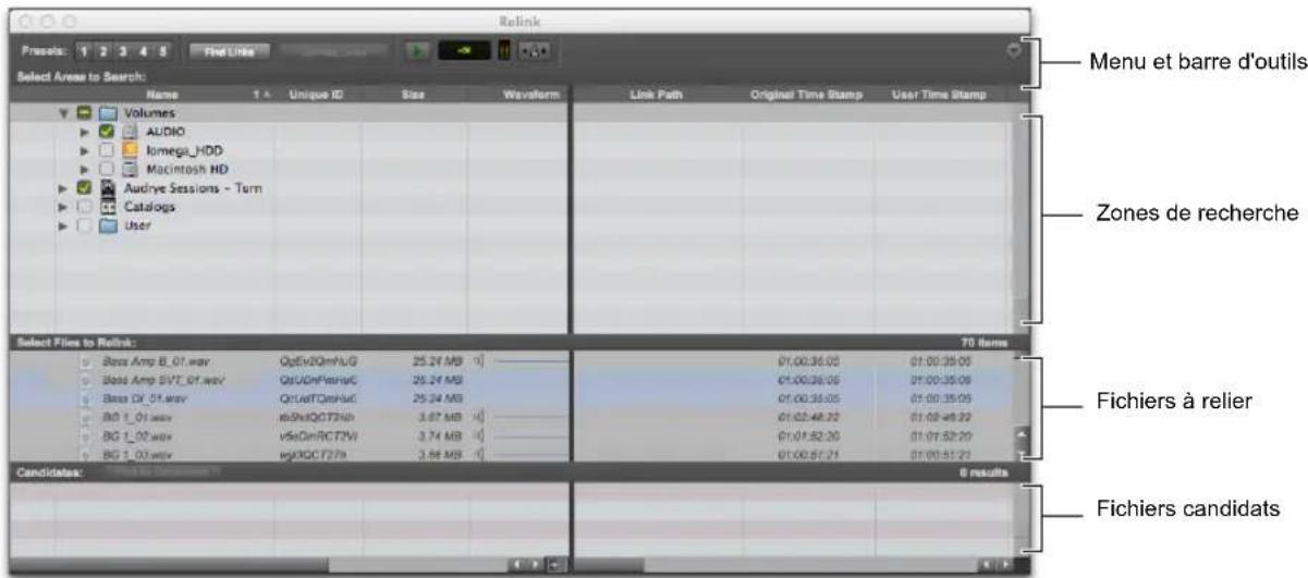 Retink Prosels: 1 2 3 4 5 Find Links Select Areas to Search: Name 1 Unique ID Size Waveform Link Path Original Time Stamp User Time Stamp Volumes AUDIO Iomega_HDD Macintosh HD Audrye Sessions - Turn Catalogs User Menu et barre d'outils Zones de recherche Select Files to Refink: 70 Items Bass Amp B_01.wav QptVdQmHuG 25.24 MB 0 01:00:36:05 01:00:35:05 Bass Amp SVT_01.wav QtUQmFmuuG 25.24 MB 01:00:36:05 01:00:35:05 Bass Of_01.wav QtUwTQmHuG 25.24 MB 01:00:36:05 01:00:35:05 BG_1_01.wav tvSxlQCT2Nh 3.87 MB 01:02:46:32 01:02:46:22 BG_1_02.wav vSeQmRG7ZW 3.74 MB 01:01:52:20 01:01:52:20 BG_1_03.wav svPGCT27N 3.66 MB 01:00:57:21 01:00:51:23 Candidates: 6 results Fichiers à relier Fichiers candidats