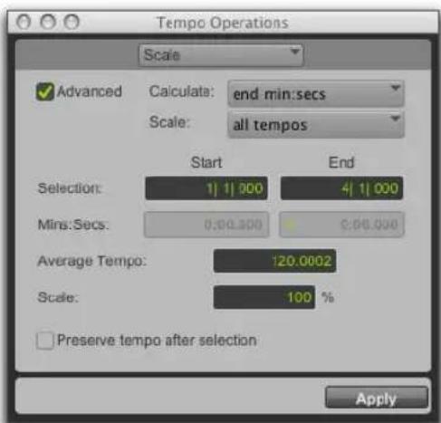 Tempo Operations Scale Advanced Calculate: end min:secs Scale: all tempos Start End Selection: 1) 1) 000 4) 1) 000 Mins:Secs: 0.00.000 0.00.000 Average Tempo: 120.0002 Scale: 100 % Preserve tempo after selection Apply