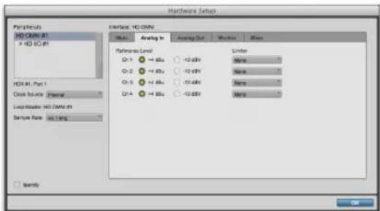 Hardware Setup File Controls HD CMN-01 > HD IC-01 Interface: HD CMN Mode Analog In Analog Out Mirror Miss Reference Level O1-1 +4 dBz -10 dBz None O2-2 +4 dBz -10 dBz None O3-5 +4 dBz -10 dBz None O4-4 +4 dBz -10 dBz None Loop Header HD CMN-01 Sample Rate: HD 1.0 mg Binary OK