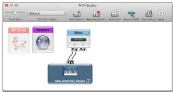 MIDI Studio Default Icon Size Configuration Add Device Remove Device Show Ids Rescue MIDI Time Setup Help IAC Driver Network Mbox new external device