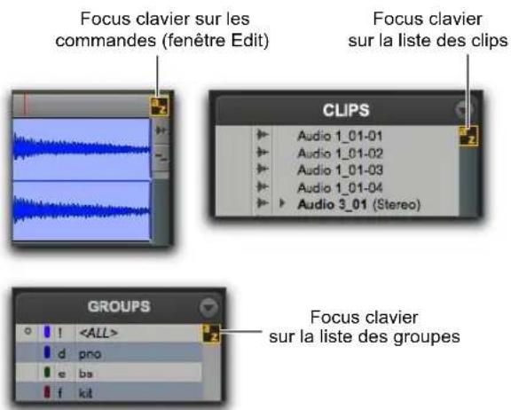 Focus clavier sur les commandes (fenêtre Edit) Focus clavier sur la liste des clips CLIPS Audio 1_01-01 Audio 1_01-02 Audio 1_01-03 Audio 1_01-04 Audio 3_01 (Stereo) GROUPS Focus clavier sur la liste des groupes