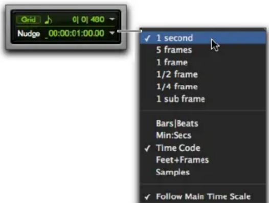 Grid 0 | 0 | 480 Nudge 00:00:01:00.00 ✓ 1 second 5 frames 1 frame 1/2 frame 1/4 frame 1 sub frame Bars|Beats Min:Secs ✓ Time Code Feet+Frames Samples ✓ Follow Main Time Scale