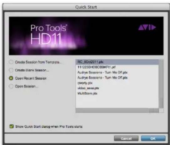 Quick Start Pro Tools® HD11 Create Session from Templates... Create Blank Session... Open Recent Session... Open Session... IRC_80c2011.pfx 1112338HDBCBB9KF11.pfx Audrye Sessions - Turn Me Off.pfx Audrye Sessions - Turn Me Off.pfx swrty.pfx vklap_sseas.pfx MultiStem.pfx Show Quick Start dialog when Pro Tools starts Cancel OK