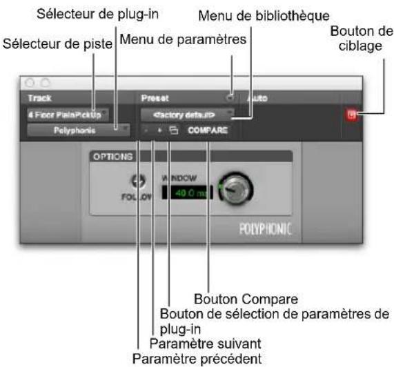 Sélecteur de plug-in Menu de bibliothèque Sélecteur de piste Menu de paramètres Bouton de ciblage Track 4 Floor PainPickUp Polyphons Preset Auto Factory default COMPARE OPTIONS FOLLOW WINDOW 40.0 mm POLYPHONIC Bouton Compare Bouton de sélection de paramètres de plug-in Paramètre suivant Paramètre précédent
