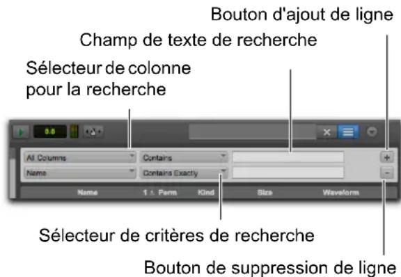 Bouton d'ajout de ligne Champ de texte de recherche Sélecteur de colonne pour la recherche All Columns Contains Name Contains Exactly Name 1.1 Farm Kind Size Waveform Sélecteur de critères de recherche Bouton de suppression de ligne