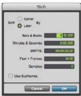 Shift Earlier By Shift Late Bars & Beats: 0.01,000 Minutes & Goconda: 0.00,000 SMPTE: 00:00:00:00 Feat + Frames: 0+30 Samples: 0 Use Subframes Cancel OK