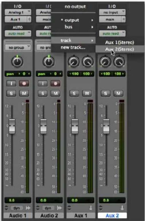 I/O Analog 1 Aux 1 AUTO auto read no output Analog main AUTO auto read no group no gro track new track... I/O no input main AUTO auto read Aux 1(Stereo) Aux 2(Stereo) pan > 0 I S M Pan > 0 I S M < 190 100 > S M < 100 100 > S M Audio 1 Audio 2 Aux 1 0.0 dyn dyn Audio 2 0.0 dyn Audio 1 Aux 2