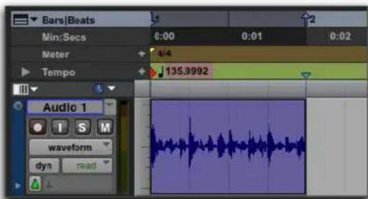 Bars|Beats Min:Secs 0:00 0:01 0:02 Meter 4/4 Tempo 135.9992 Audio 1 I S M waveform dyn read