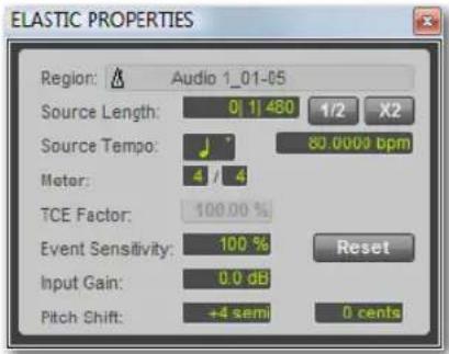 ELASTIC PROPERTIES Region: Audio 1_01-05 Source Length: 0 11 480 1/2 X2 Source Tempo: 80.0009 bpm Motor: 4 / 4 TCE Factor: 100.00 % Event Sensitivity: 100 % Reset Input Gain: 0.0 dB Pitch Shift: +4 semi 0 cents