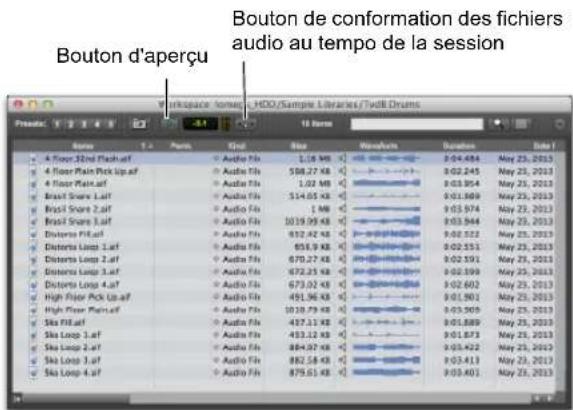 Bouton d'aperçu Bouton de conformation des fichiers audio au tempo de la session Workspace /ompeq /HDD/Sample Libraries/Tvd8 Drums File Edit View Help A Floor 32nd Flack-alf Audio Fis 1.58 MB 0:04.484 May 23, 2013 A Floor Plain Pick Up-alf Audio Fis 588.27 KB 0:02.245 May 23, 2013 A Floor Plain af Audio Fis 1.02 MB 0:03.954 May 23, 2013 Brasil Sound 1.aif Audio Fis 514.05 KB 0:01.569 May 23, 2013 Brasil Sound 2.aif Audio Fis 1 MB 0:03.974 May 23, 2013 Brasil Sound 3.aif Audio Fis 1018.99 KB 0:03.944 May 23, 2013 Distorta Fill-alf Audio Fis 832.42 KB 0:02.522 May 23, 2013 Distorta Loop 1.aif Audio Fis 656.9 KB 0:02.551 May 23, 2013 Distorta Loop 2.aif Audio Fis 870.27 KB 0:02.591 May 23, 2013 Distorta Loop 3.aif Audio Fis 672.25 KB 0:02.599 May 23, 2013 Distorta Loop 4.aif Audio Fis 673.02 KB 0:02.602 May 23, 2013 High Floor Pick Up-alf Audio Fis 491.96 KB 0:01.501 May 23, 2013 High Floor Plain-alf Audio Fis 1018.79 KB 0:03.509 May 23, 2013 Ska Fill-alf Audio Fis 437.11 KB 0:01.889 May 23, 2013 Ska Loop 1.aif Audio Fis 453.12 KB 0:01.873 May 23, 2013 Ska Loop 2.aif Audio Fis 884.97 KB 0:03.422 May 23, 2013 Ska Loop 3.aif Audio Fis 882.58 KB 0:03.413 May 23, 2013 Ska Loop 4.aif Audio Fis 879.61 KB 0:03.401 May 23, 2013