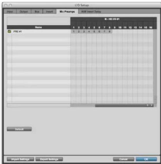 I/O Setup Input Output Box Insert Mic Prespings MSM Insert Delay Name PNC #1 B - HD 1/0 (#1) 1 2 3 4 5 6 7 8 9 10 11 12 13 14 15 16 1 2 3 4 5 6 7 8 Default Import Settings Export Settings Cancel OK
