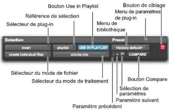 Bouton Use in Playlist Référence de sélection Sélecteur de plug-in Selection invert create individual files playlist clip by clip USE IN PLAYLIST Menu de bibliothèque Bouton de ciblage Menu de paramètres de plug-in COMPARE Sélecteur du mode de fichier Sélecteur du mode de traitement Bouton Compare Sélection de paramètres Paramètre suivant Paramètre précédent