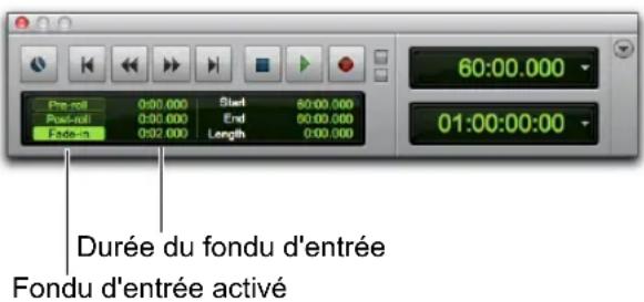 Pre-roll 0:00.000 Start 60:00.000 Post-roll 0:00.000 End 60:00.000 Fade-in 0:02.000 Length 0:00.000 60:00.000 01:00:00:00 Durée du fondu d'entrée Fondu d'entrée activé
