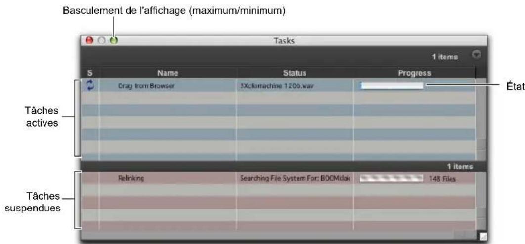 Basculement de l'affichage (maximum/minimum) Tasks 1 iteme S Name Status Progress État Drag from Browser 3Xclumachine 120b.war Tâches actives Tâches suspendues Relinking Searching File System For: B0CMidak 148 Files