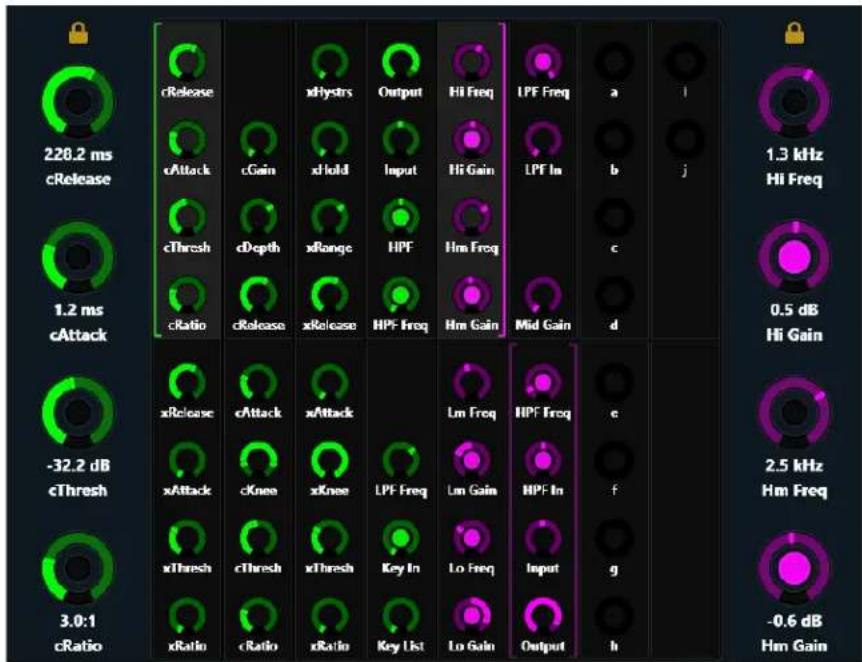 220.2 ms cRelease 1.2 ms cAttack -32.2 dB cThresh 3.0:1 cRatio cRelease xAttack xAttack xKnee xKnee xThresh xThresh xRatio cGain xHold Input HPF HPF Freq Hm Freq Hm Gain LPF Freq LPF In Mid Gain HPF Freq Un Gain Lo Freq Lo Gain Output a b c d e f g h i j 1.3 kHz Hi Freq 0.5 dB Hi Gain 2.5 kHz Hm Freq -0.6 dB Hm Gain