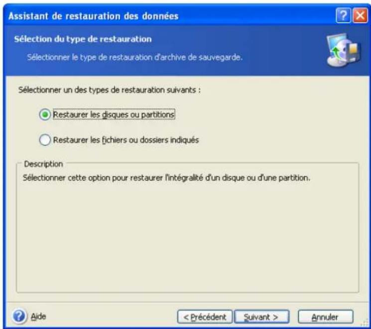 ACRONIS True Image Echo Enterprise Server - Sélection du type de restauration - 1