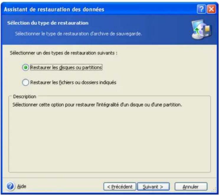 ACRONIS True Image Echo Workstation - Sélection du type de restauration - 1