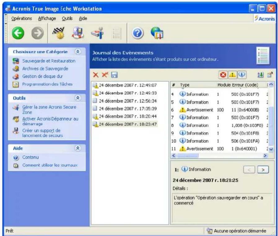 ACRONIS True Image Echo Workstation - Affichage des journaux - 1