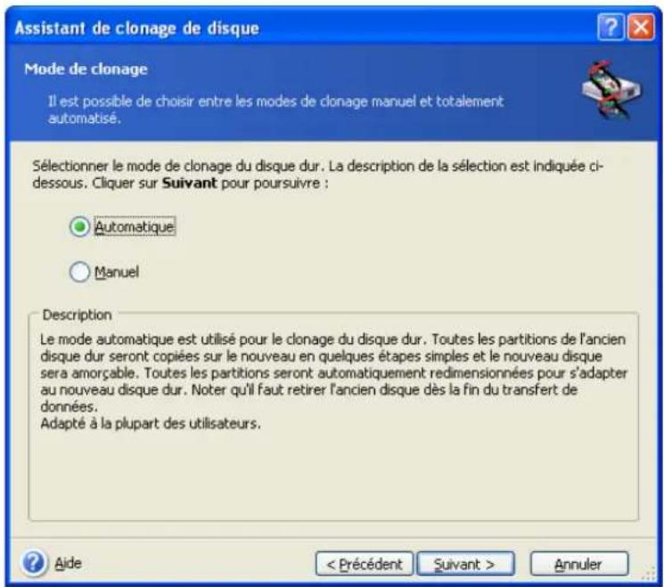 ACRONIS True Image Echo Workstation - Sélection du mode clonage - 1
