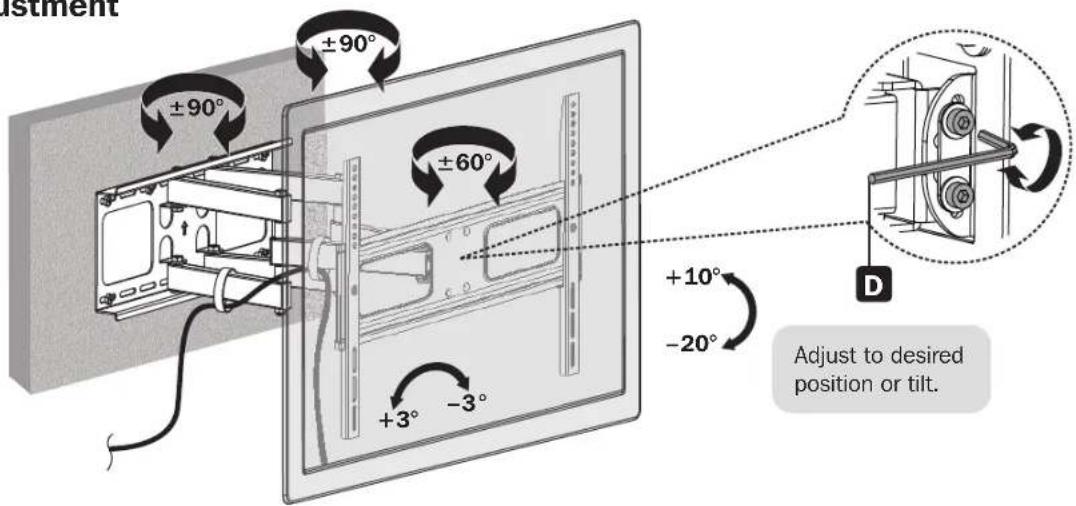 Adjust to desired position or tilt. ±90° ±60° +10° -20° +3° -3° ±90° D Adjust to desired position or tilt.