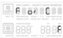 SEE LABEL - SELECT FOOD NUMBER HELP PRE-HEATING STAGE 1.2.3 TIME REMAINING POWER LEVEL EXTER QTY WEIGHT 124 OF 80 REMOVE BACKS 800 800 800 BUTCH PRE-HEATING STAGE 1.2.3 TIME REMAINING
