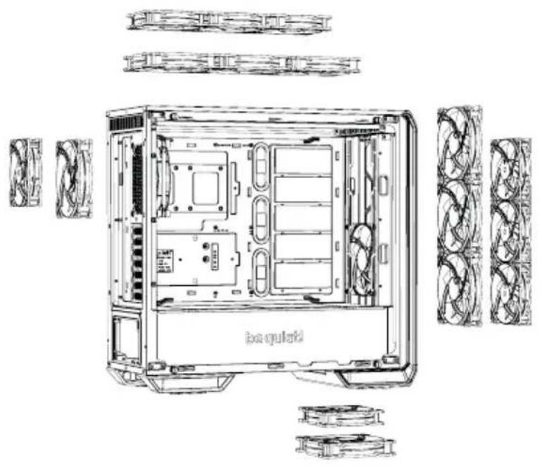 Be Quiet! Dark Base 700 - EN FAN COMPATIBILITY | DE LÜFTERKOMPATIBILITÄT | FR COMPATIBILITÉ VENTILATEURS | PL KOMPATYBILNOŚĆ Z WENTYLATORAMI | ES COMPATIBILIDAD CON VENTILADORES | RU COBMECTIMBIE BENTIЛЯТОРЫ - 1