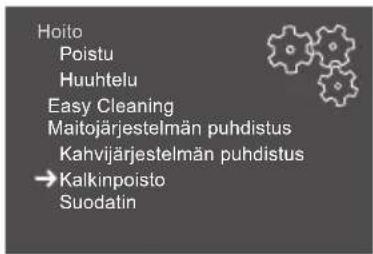 Hoito Poistu Huuhtelu Easy Cleaning Maitojärjestelmän puhdustus Kahvijärjestelmän puhdustus →Kalkinpoisto Suodatin
