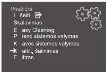 Priežiūra I šeiti Skalavimas E asy Cleaning P ieno sistemos valymas K avos sistemos valymas X alkiių šalinimas F iltras