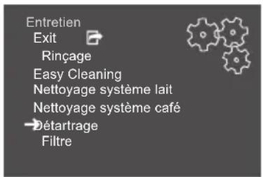 Entretien Exit Rinçage Easy Cleaning Nettoyage système lait Nettoyage système café Détartrage Filtre