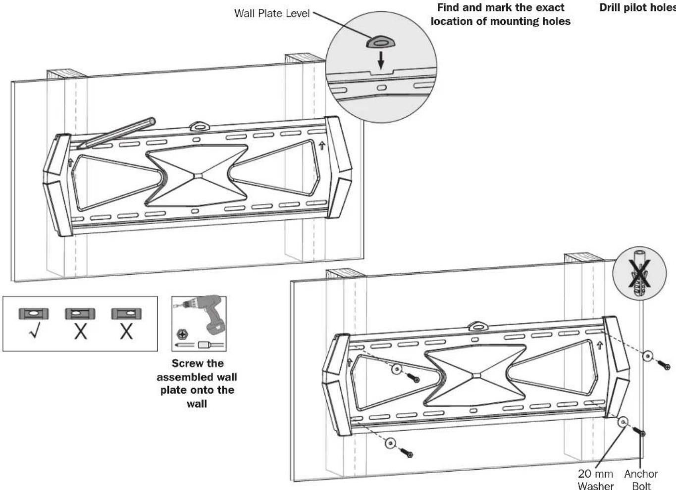Wall Plate Level Find and mark the exact location of mounting holes Drill pilot holes Screw the assembled wall plate onto the wall 20 mm Washer Anchor Bolt