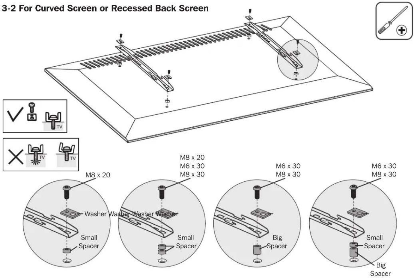 3-2 For Curved Screen or Recessed Back Screen M8 x 20 M6 x 30 M8 x 30 M6 x 30 M8 x 30 M6 x 30 M8 x 30 Washer Washer Washer Small Spacer Small Spacer Big Spacer Big Spacer