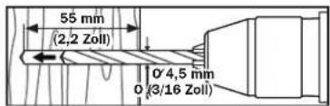 55 mm (2,2 Zoll) 0' 4,5 mm 0 (3/16 Zoll)