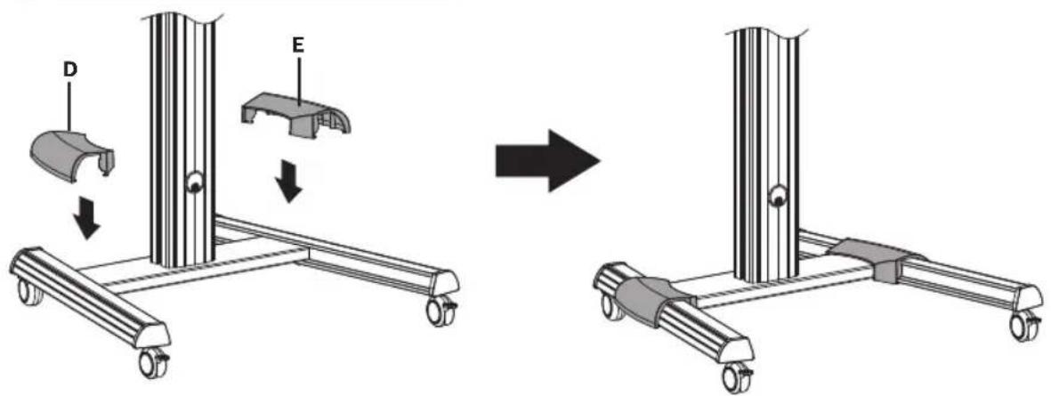 Diagram illustrating the assembly of a mechanical device with labeled parts D and E, showing before and after states.