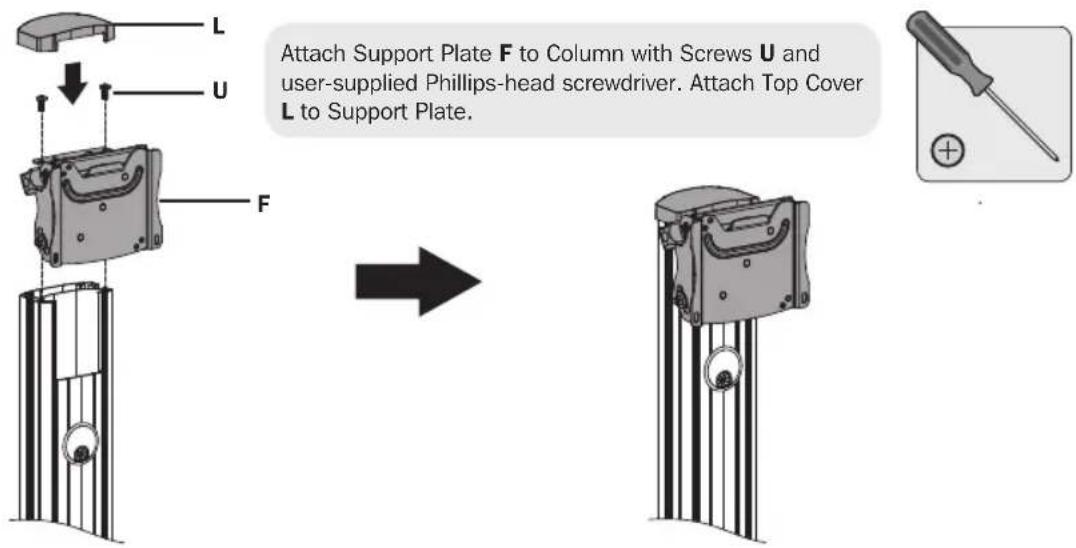 L U F Attach Support Plate F to Column with Screws U and user-supplied Phillips-head screwdriver. Attach Top Cover L to Support Plate.