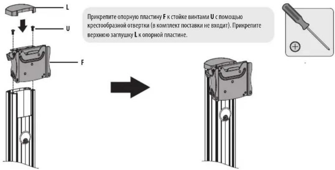 Прикрепите опорную пластину F к стойке винтами U с помощью крестообразной отвертки (в комплект поставки не входит). Прикрепите верхнюю заглушку L к опорной пластине.