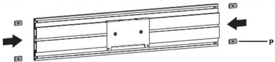 Insérer les supports d'adaptateur I dans la plaque universelle. Aligner les trous dans les supports d'adaptateur avec les trous des rondelles. Insérer les vis Q sans les serrer complètement.